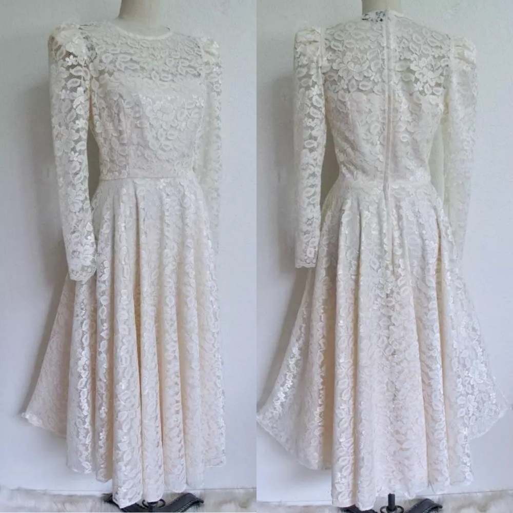 Vintage Cachet by Bari Protas Ivory Lace Midi Dress Wedding Romantic Long Sleeve - Picture 12 of 15
